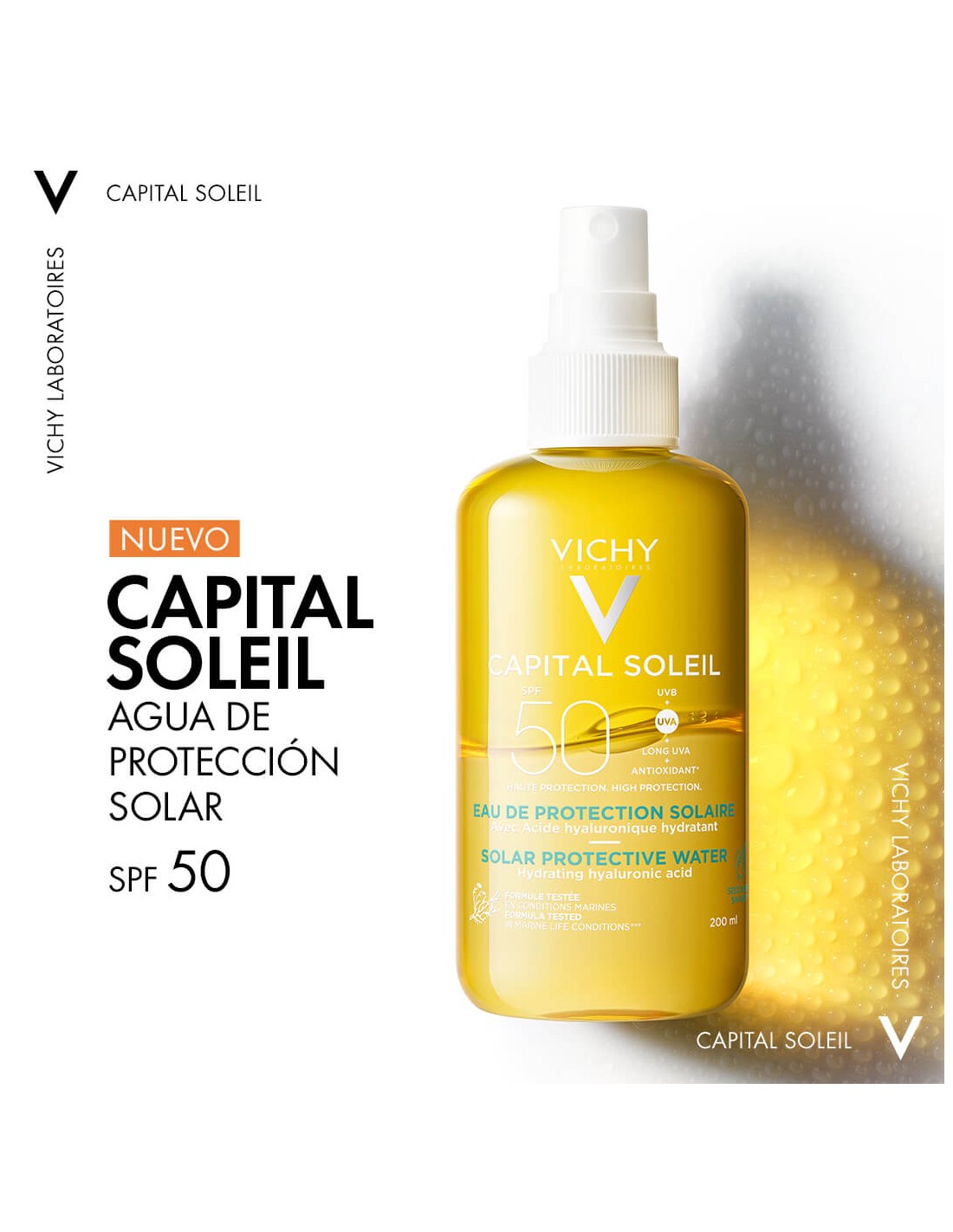 VICHY CAPITAL SOLEIL SPF50+ AGUA DE PROTECCIÓN SOLAR ÁCIDO HIALURÓNICO HIDRATANTE 200ML - Imagen 3